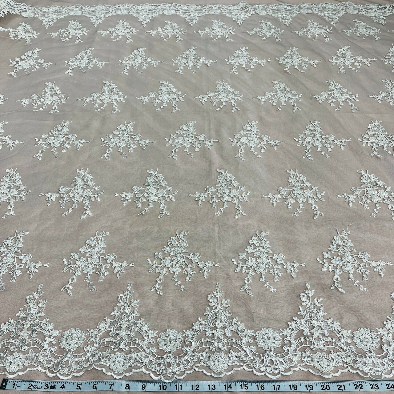 1 Yard Gold Beaded Corded Bridal Lace Fabric Embroidered on Polyester Net Mesh 56 inch Width